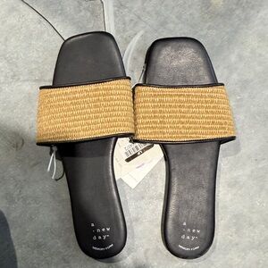 a new day Black Footbed Tan Woven Strap Slide Sandals